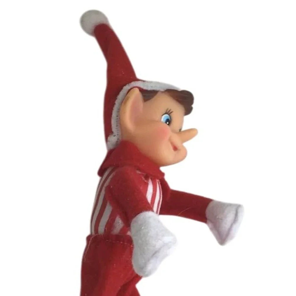 Vintage Christmas Elf Shelf Sitter Red Striped Checks White Plastic Face Stuffed